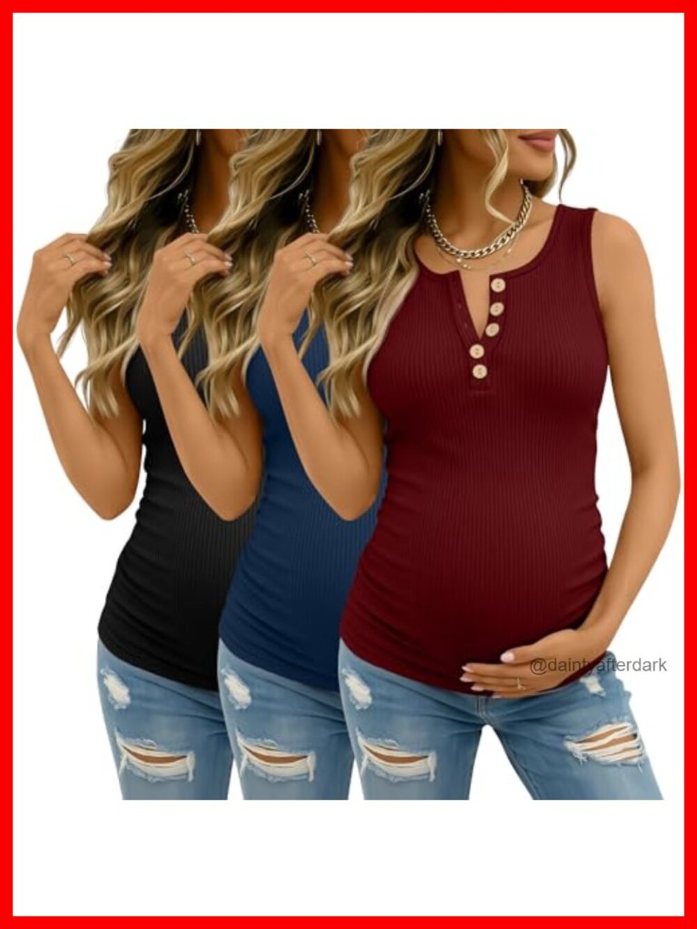 Maternity Tank Tops 3 Pack Ribbed Cotton Blend Henley Nursing